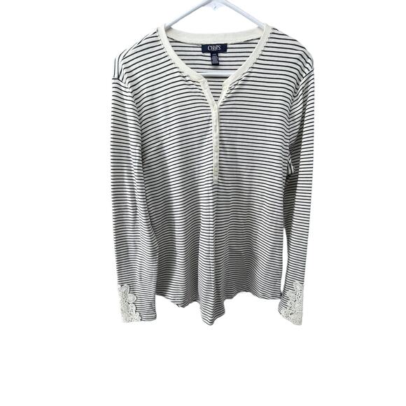 Chaps Black & White Striped Lace Trim Henley Blouse Women's Size Large - Picture 1 of 5